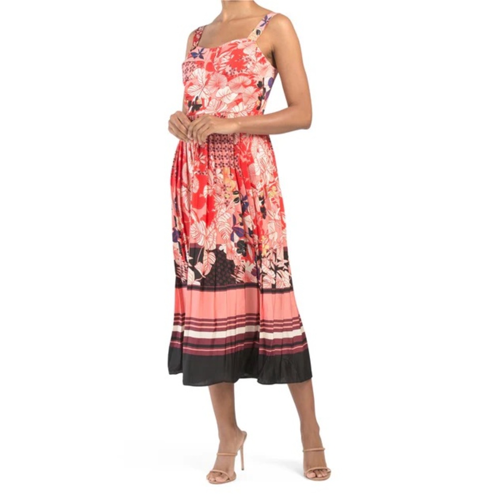 NWT Dalia MacPhee Floral Printed Red Pleated Midi Dress Size Medium